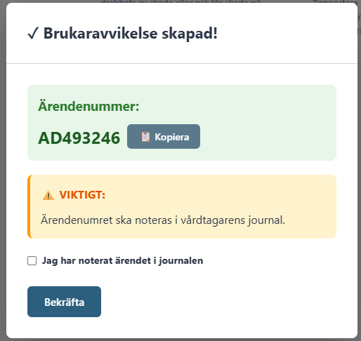 Bekräftelse av skickad rapport